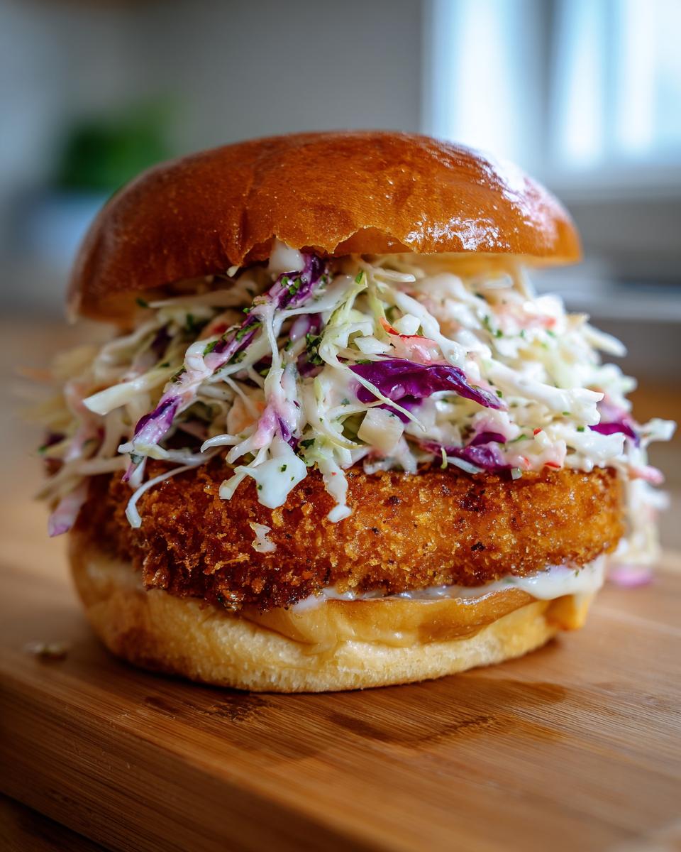 A close-up of a perfectly assembled Coconut shrimp burger featuring a thick, golden-brown patty and creamy coleslaw on a brioche bun.
