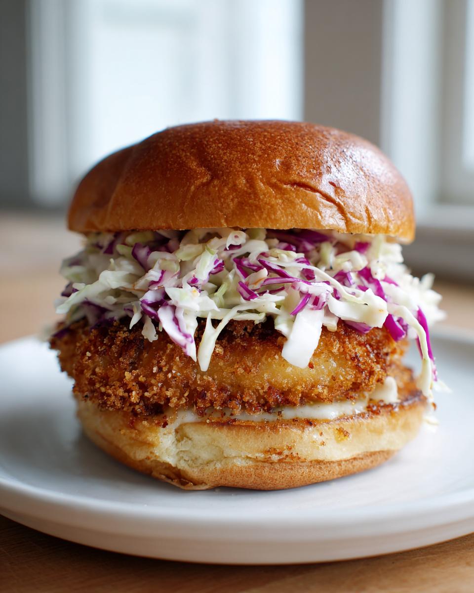 A close-up of a golden, crispy Coconut shrimp burger topped with vibrant red and white coleslaw on a toasted bun.