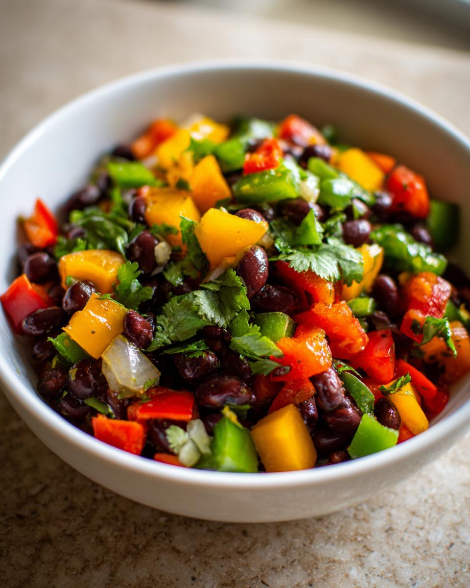 Close-up of a white bowl filled with vibrant Cowboy Caviar, featuring black beans, diced yellow and red peppers, green peppers, and cilantro.