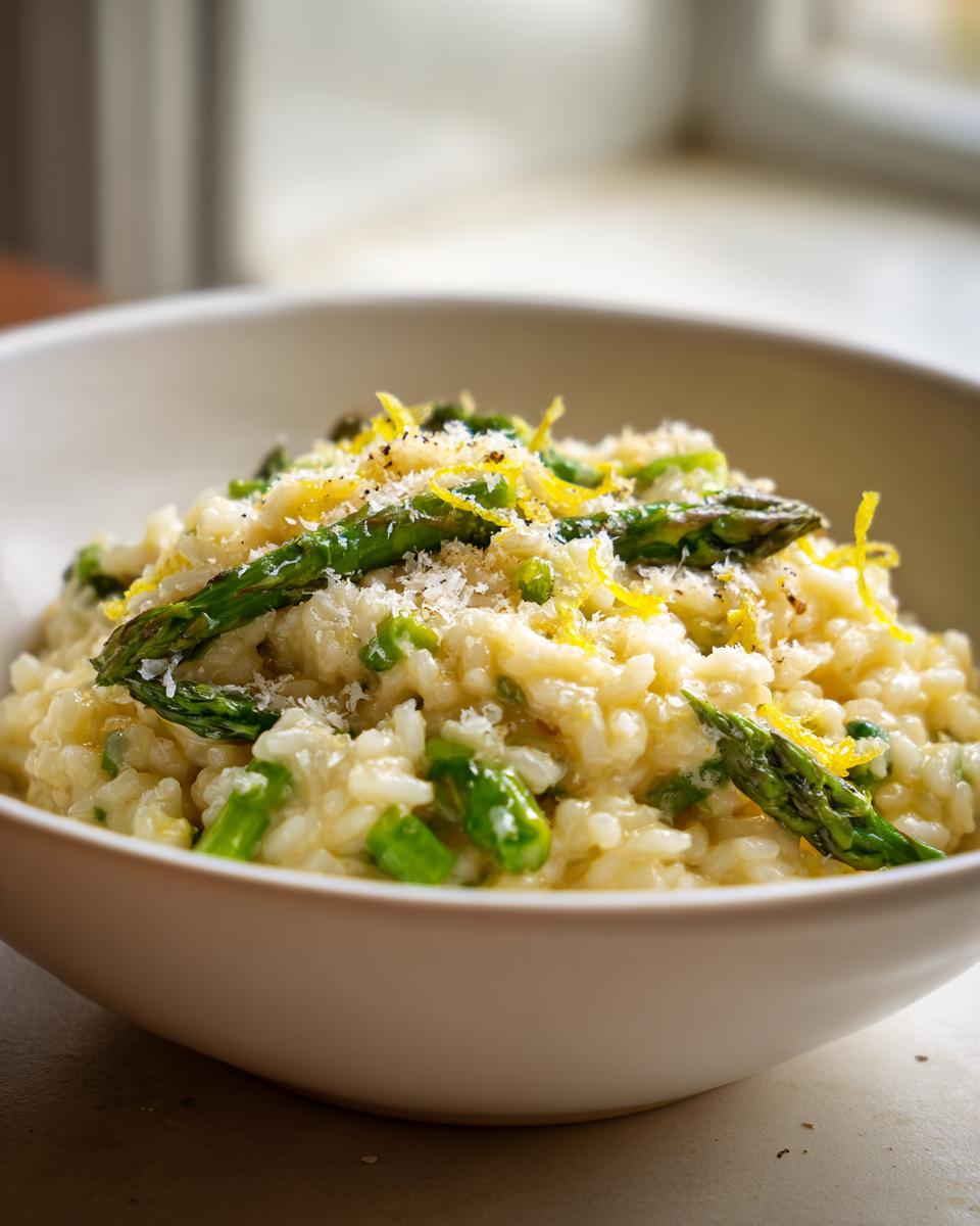 A close-up of creamy Asparagus Risotto topped with bright green asparagus tips, grated Parmesan, and lemon zest.