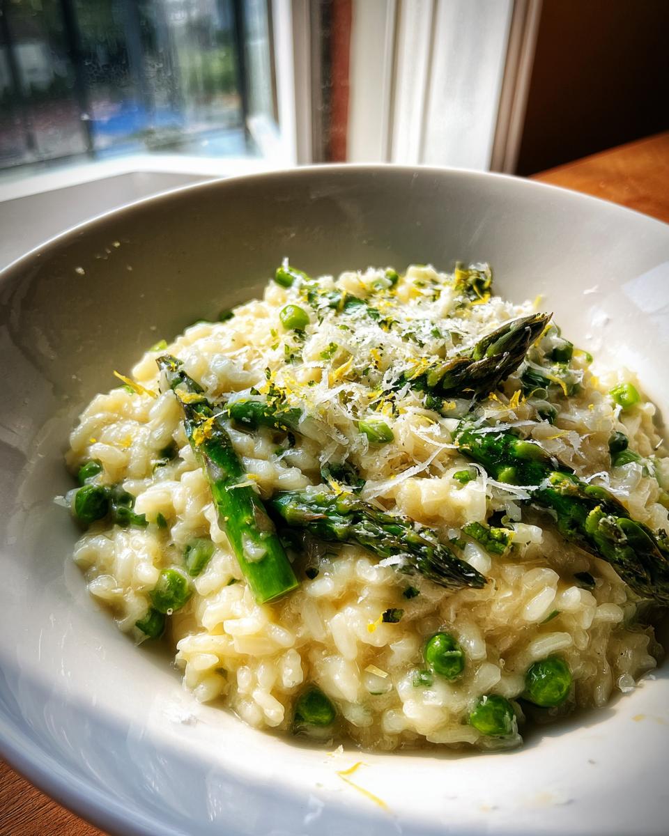 A close-up of creamy Asparagus Risotto in a white bowl, topped with bright green asparagus spears, peas, Parmesan, and lemon zest.