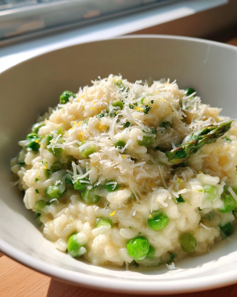 Close-up of creamy Asparagus Risotto mixed with bright green peas and topped generously with grated Parmesan cheese.