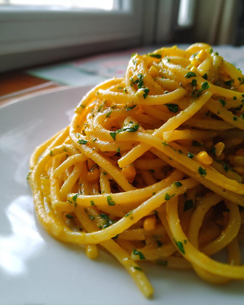 A close-up shot of a serving of bright yellow creamy corn pasta, garnished with chopped green parsley.