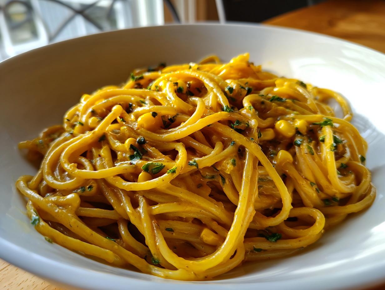 A close-up shot of rich, yellow Creamy corn pasta tossed with corn kernels and garnished with fresh chopped parsley in a white bowl.
