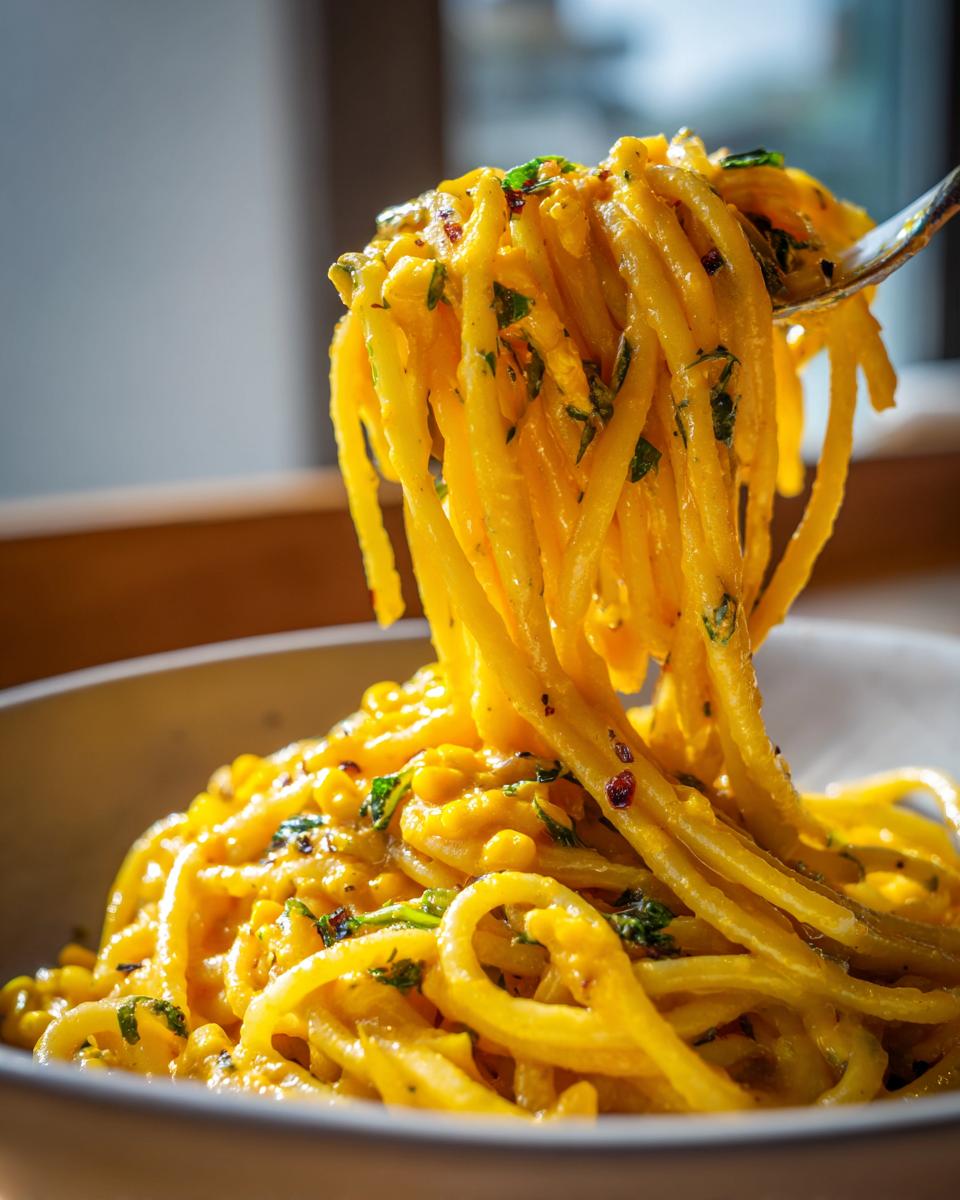 A fork lifting a generous portion of vibrant yellow Creamy corn pasta coated in a rich sauce and mixed with green herbs.