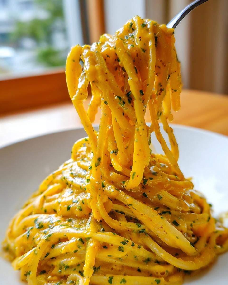 A fork lifting strands of spaghetti coated in bright yellow, creamy corn pasta sauce speckled with green herbs.