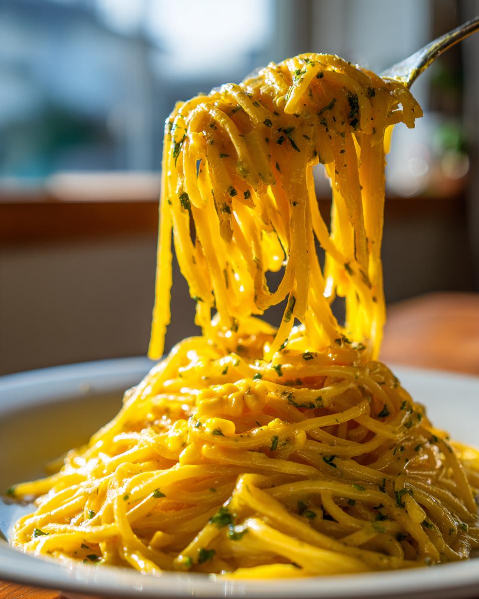 A fork lifts a tangle of spaghetti coated in rich, yellow Creamy corn pasta sauce, speckled with green herbs.
