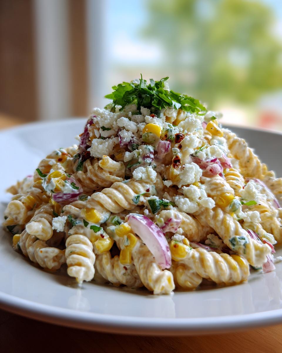 Close-up of a serving of creamy Esquites pasta salad featuring fusilli pasta, corn, red onion, and topped with crumbled cheese and cilantro.