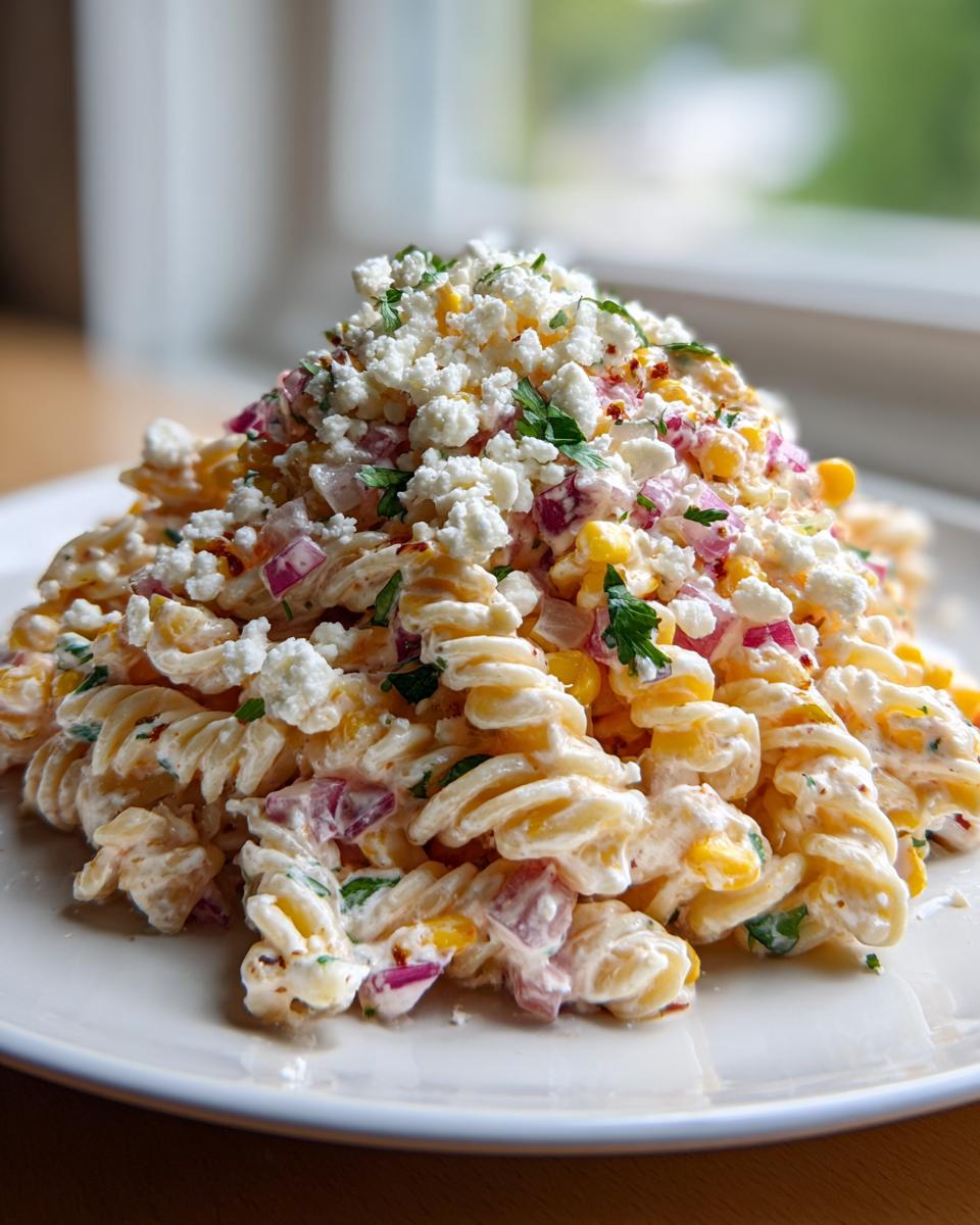 A mound of creamy Esquites pasta salad featuring rotini pasta, corn, red onion, and topped with crumbled white cheese and parsley.