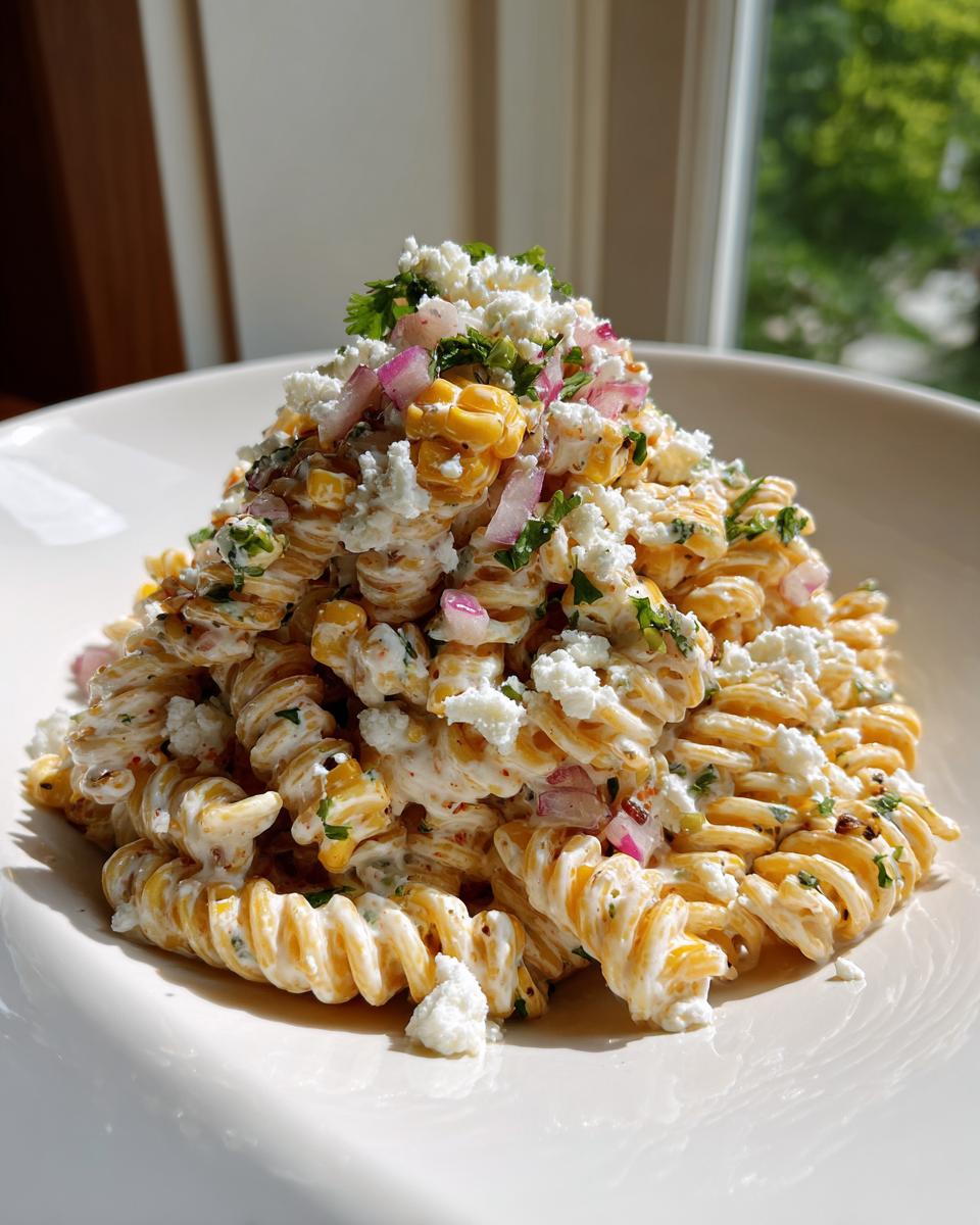 A mound of creamy Esquites pasta salad made with rotini pasta, corn, red onion, and topped with crumbled cotija cheese.