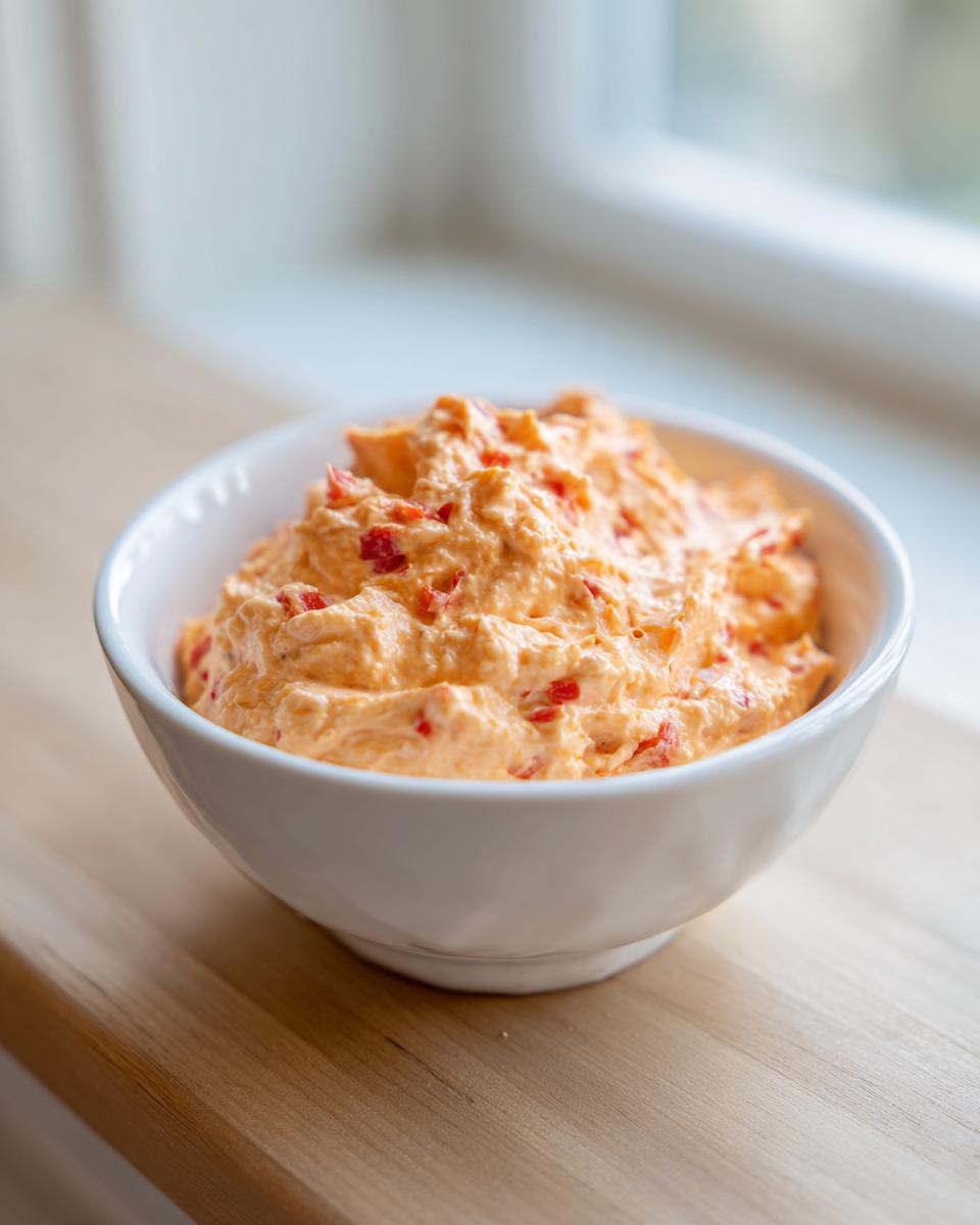 A white bowl filled with creamy, orange-hued Pimento cheese, featuring visible red pepper pieces.