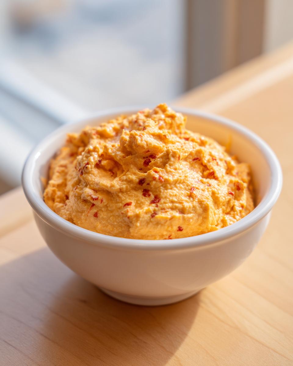 A white bowl filled with creamy, orange Pimento cheese, sitting on a light wooden surface near a window.