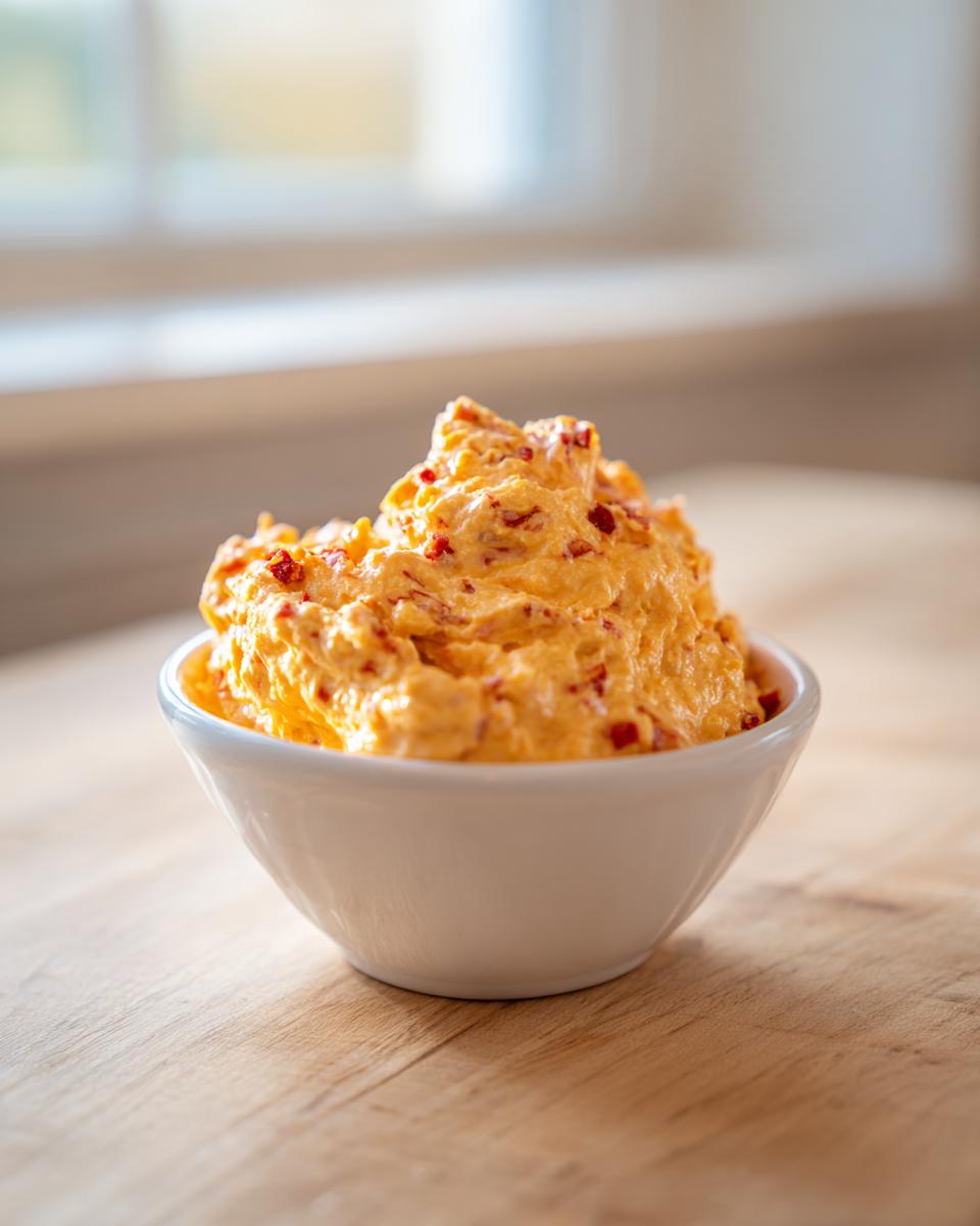 A close-up of creamy, orange pimento cheese piled high in a small white bowl on a wooden surface.