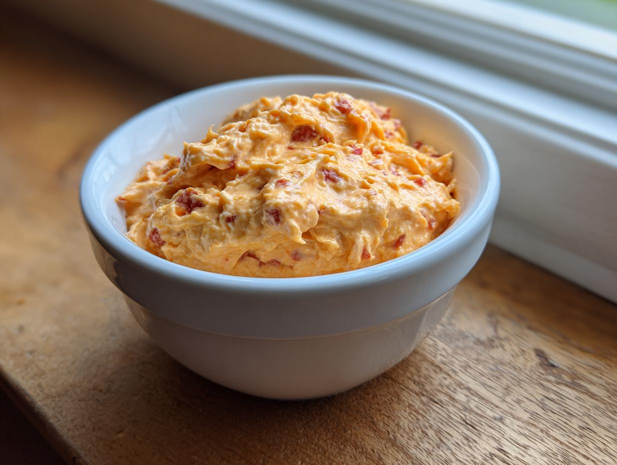 A small white bowl filled with creamy, orange Pimento cheese spread, set on a wooden surface near a window.