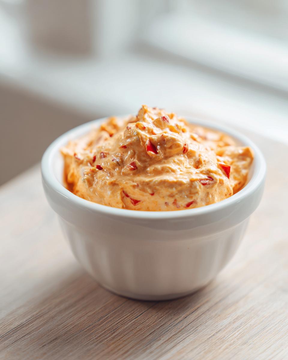A close-up of creamy, orange Pimento cheese dip with visible red pepper pieces in a small white bowl.