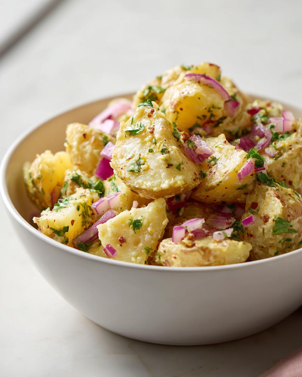 Close-up of creamy Salt and vinegar potato salad chunks mixed with red onion and herbs in a white bowl.