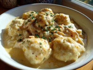 Close-up of a white bowl filled with creamy Southern chicken and dumplings, garnished with fresh parsley.