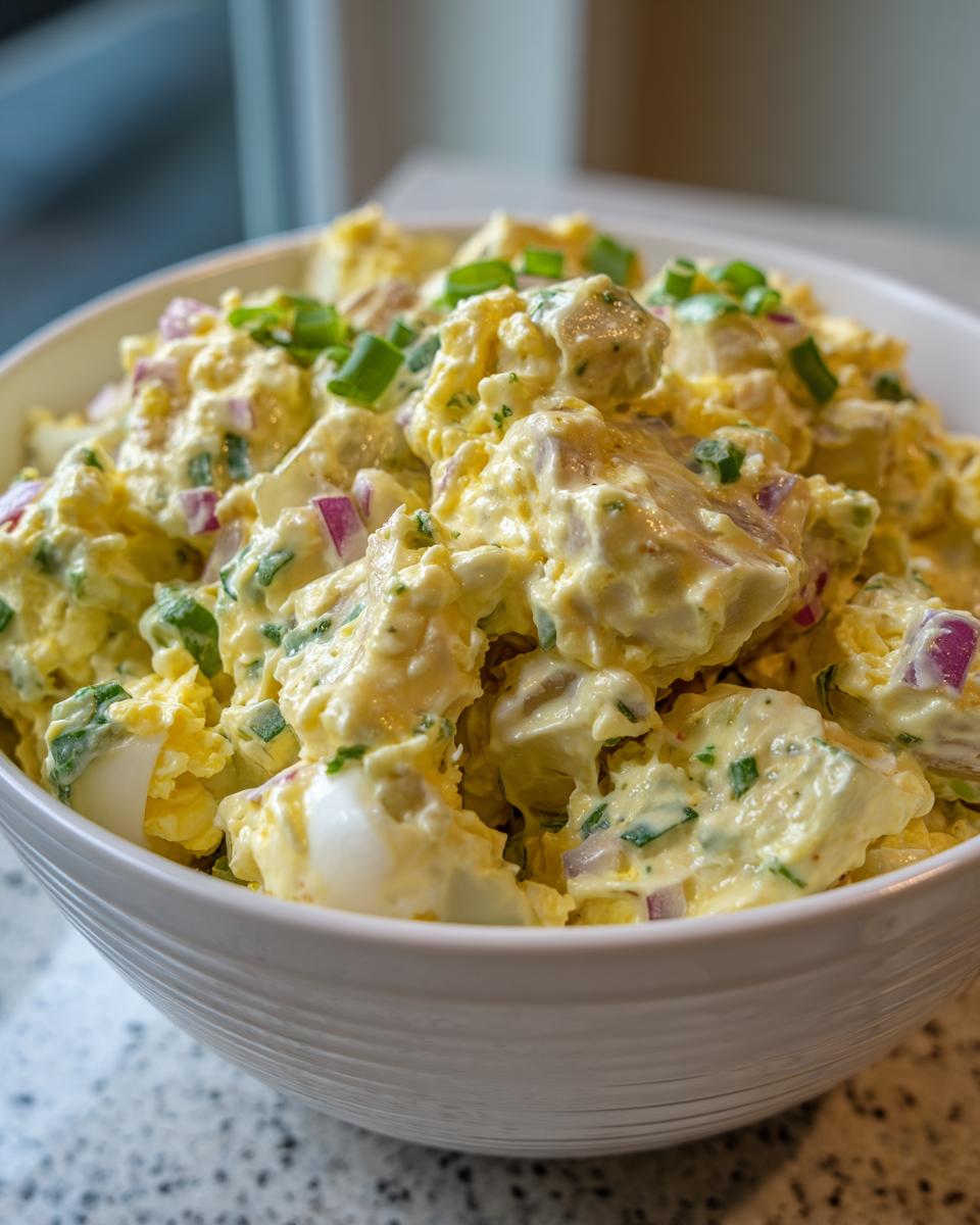 Close-up of creamy Southern potato salad mixed with eggs and red onion, topped with green onions.
