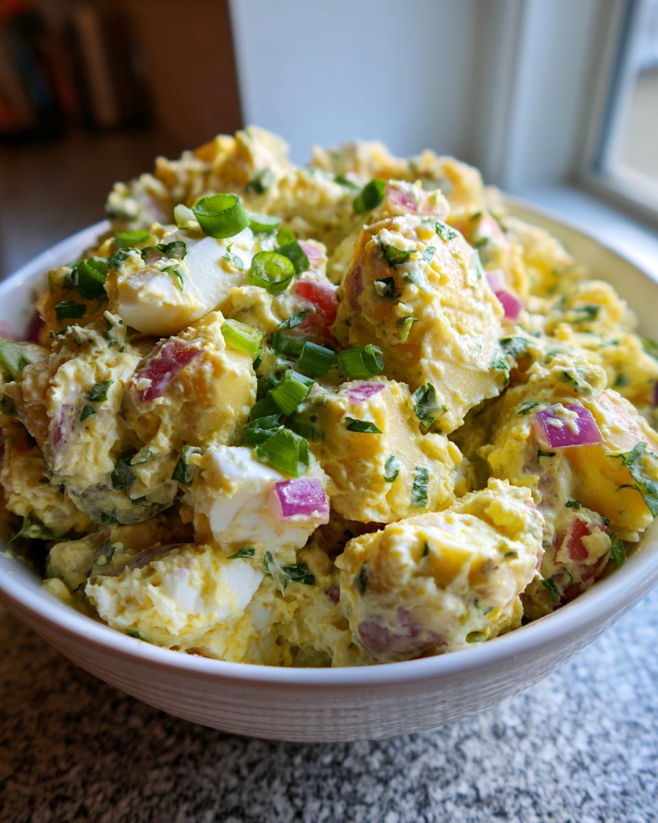 Close-up of a creamy bowl of Southern potato salad mixed with red onion, eggs, and topped with green onions.