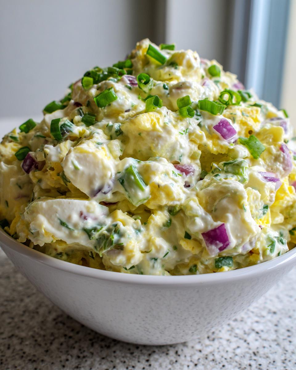A close-up of a large white bowl filled with creamy Southern potato salad, topped with chopped green onions.
