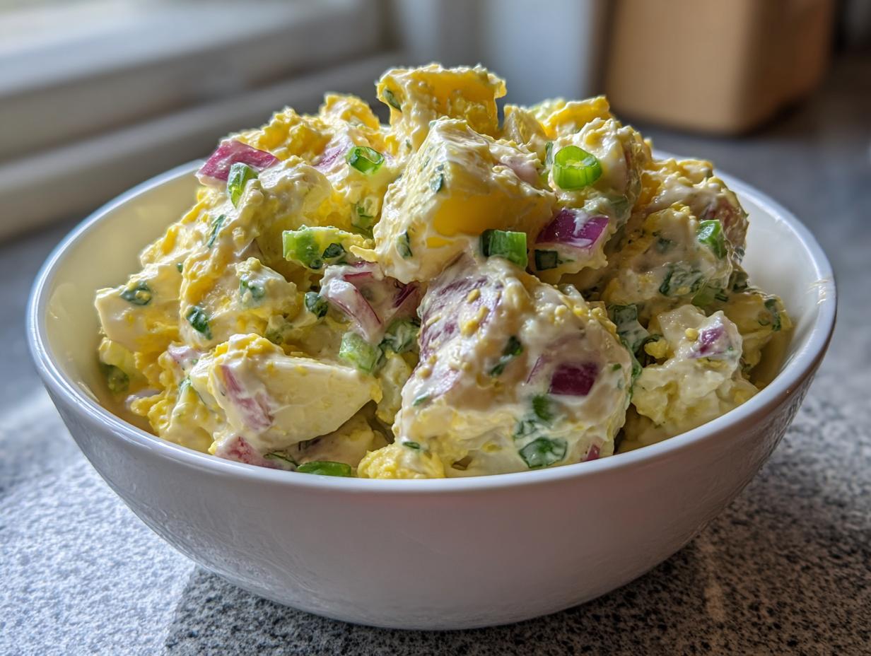 Close-up of creamy Southern potato salad chunks mixed with red onion and green onions in a white bowl.