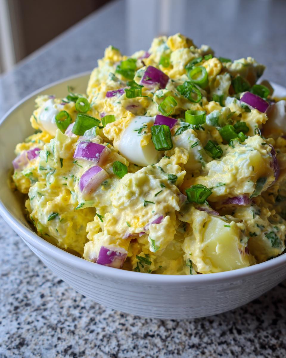 Close-up of creamy Southern potato salad topped with chopped red onion and green onions in a white bowl.