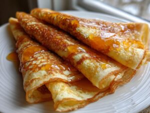 Close-up of three rolled Crepe Suzette folded and covered in glistening orange sauce on a white plate.