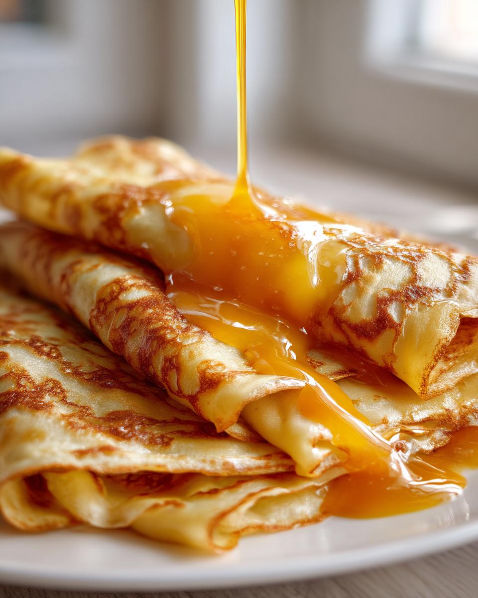 Close-up of folded Crepe Suzette being drizzled with a thick, glossy orange sauce.