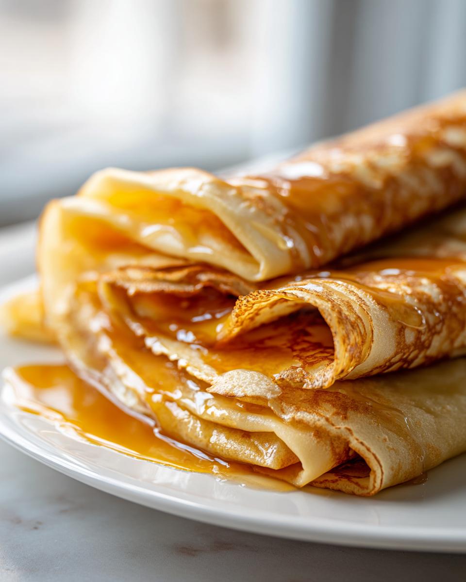 Close-up of a stack of folded Crepe Suzette, generously covered in glistening orange caramel sauce.