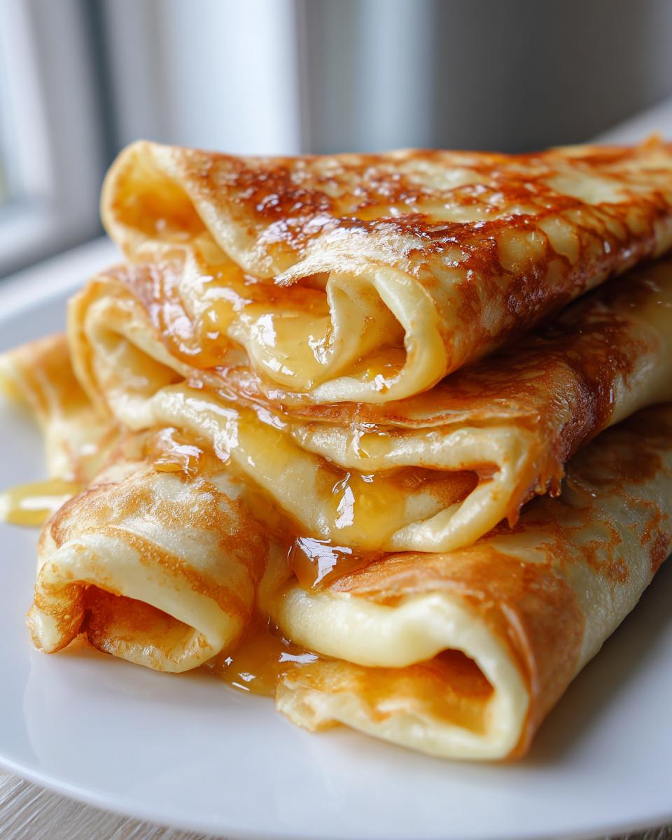 Close-up of a stack of rolled Crepe Suzette drizzled generously with orange caramel sauce.