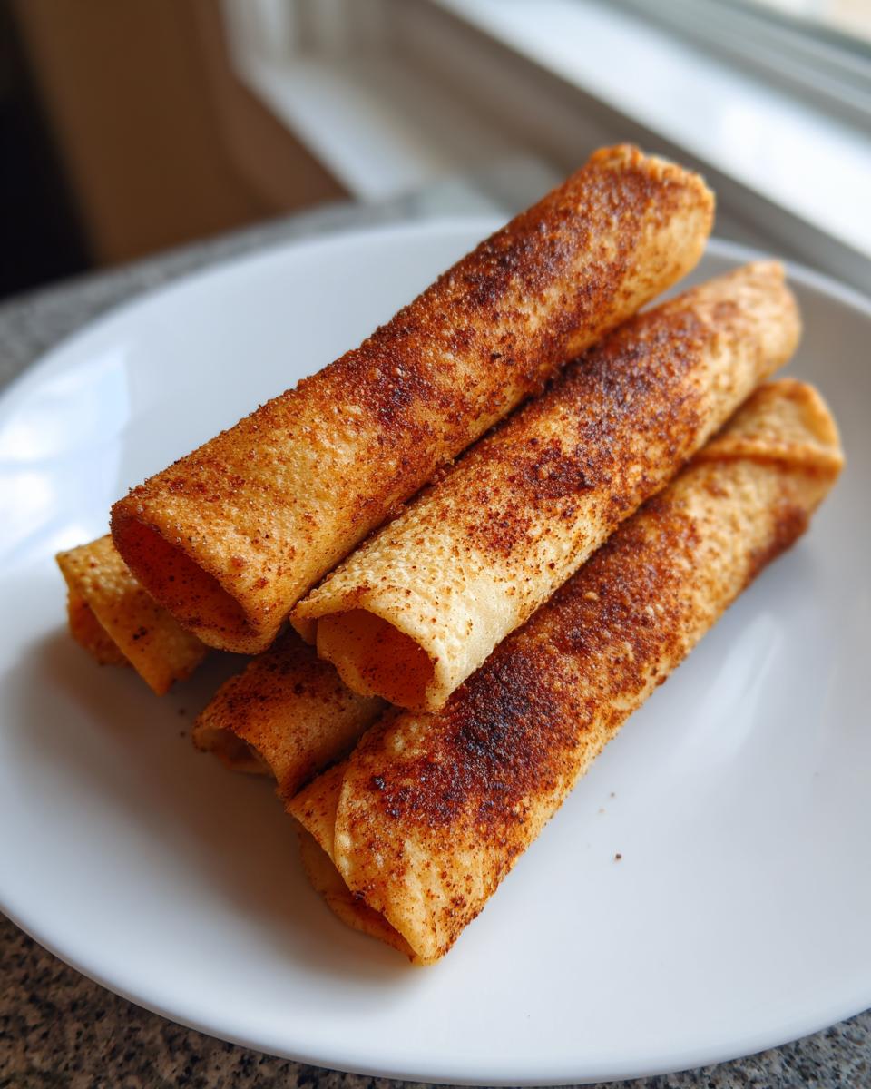 A stack of crispy, cinnamon-sugar coated apple pie taquitos resting on a white plate near a window.