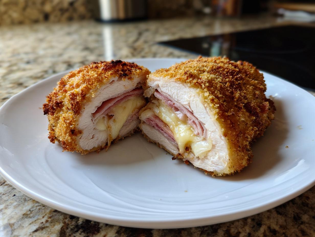 A crispy, golden-brown Chicken Cordon Bleu recipe cut in half showing melted cheese and ham inside the chicken breast.