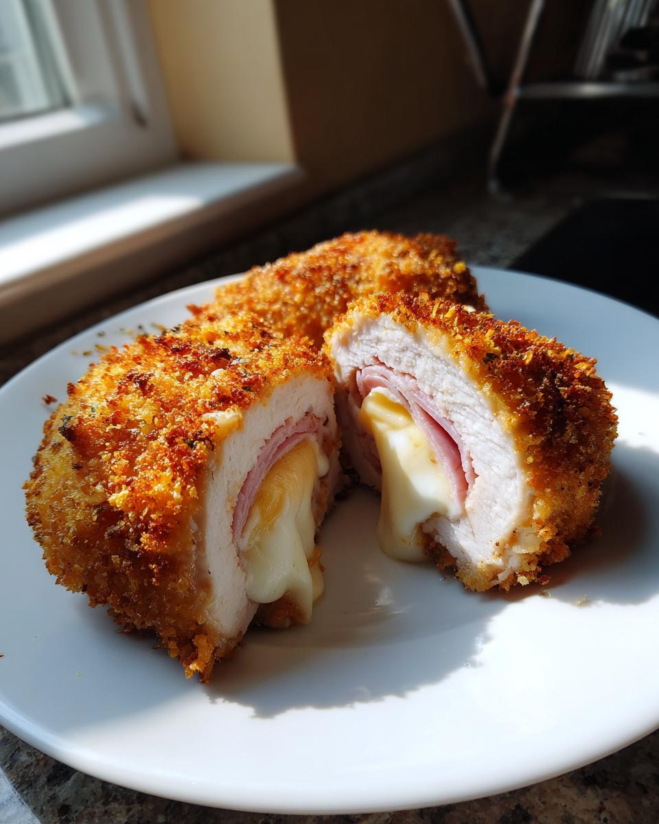 A perfectly cooked Chicken Cordon Bleu recipe cut in half, showing melted cheese oozing out from the ham and chicken.