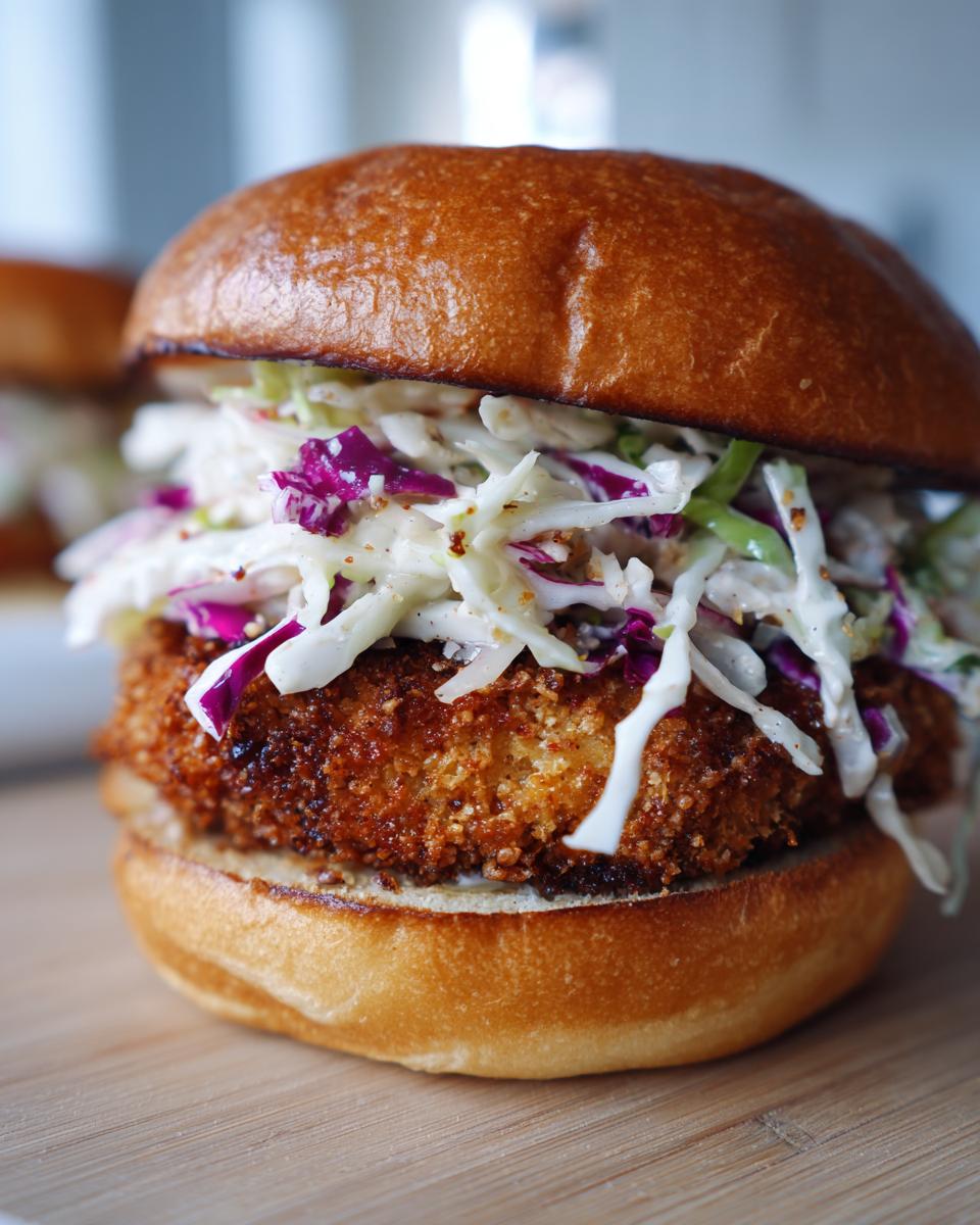 Close-up of a perfectly assembled Coconut shrimp burger featuring a crispy patty and vibrant coleslaw on a brioche bun.