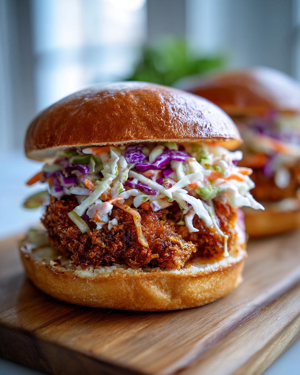 A close-up of a perfectly assembled Coconut shrimp burger featuring a crispy patty and colorful coleslaw on a brioche bun.
