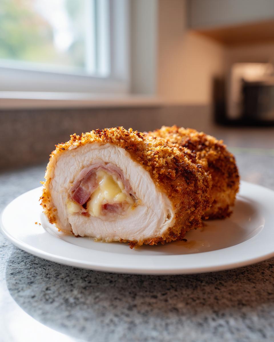 Cross-section of a crispy, breaded Chicken Cordon Bleu recipe showing melted cheese and ham inside the chicken breast.