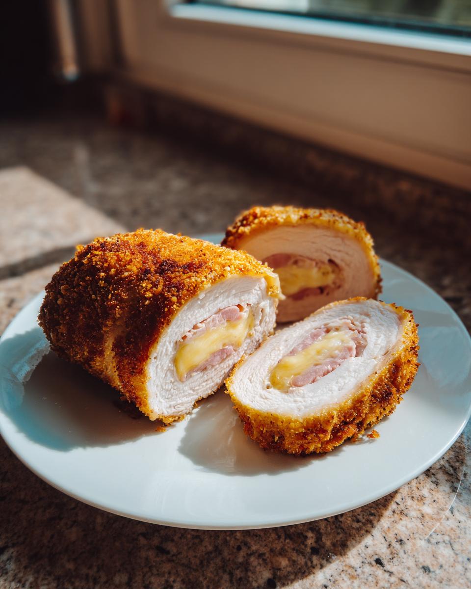 Two pieces of golden, crispy Chicken Cordon Bleu recipe, sliced to show melted cheese and ham filling.