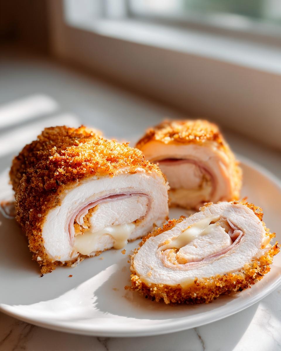 Cross-section view of crispy Chicken Cordon Bleu recipe rolls showing melted cheese, ham, and chicken.