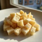 Close-up of pale yellow, cubed pieces of homemade salted taffy recipe candy piled on a white plate.