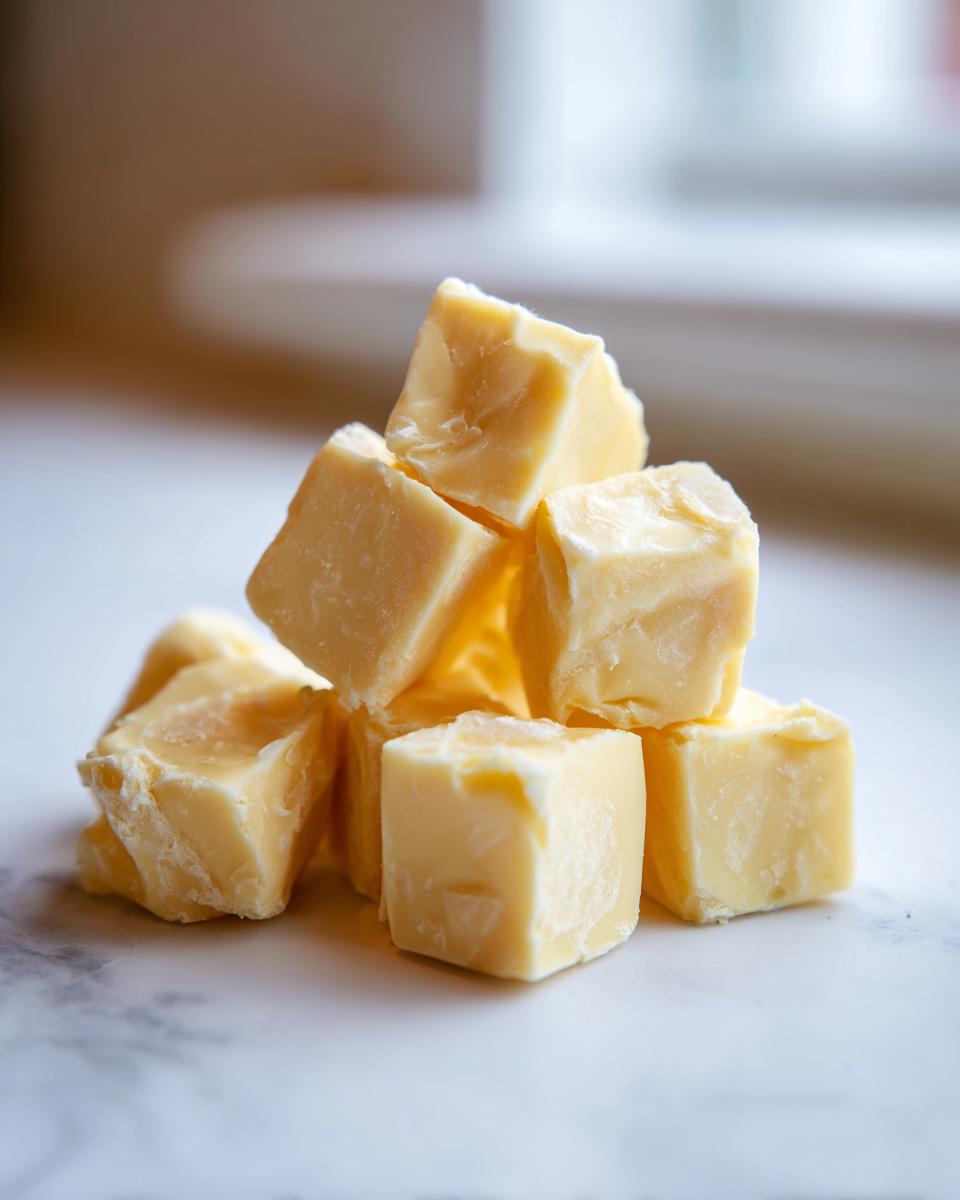 Close-up of stacked, pale yellow cubes of homemade salted taffy recipe candy on a white marble surface.