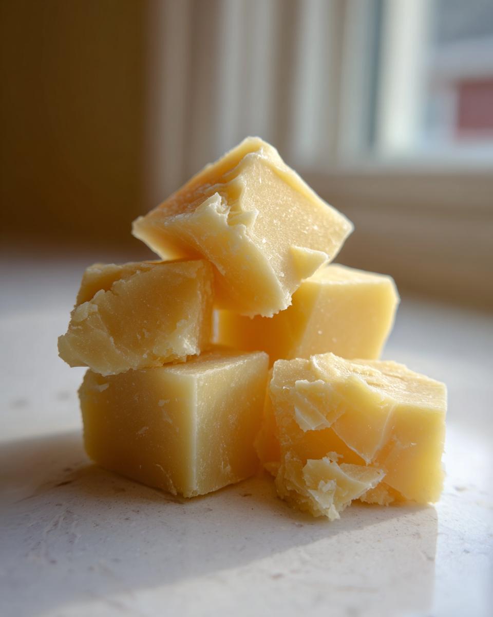 Close-up of several golden yellow, irregularly cut cubes of homemade salted taffy stacked on a light surface.