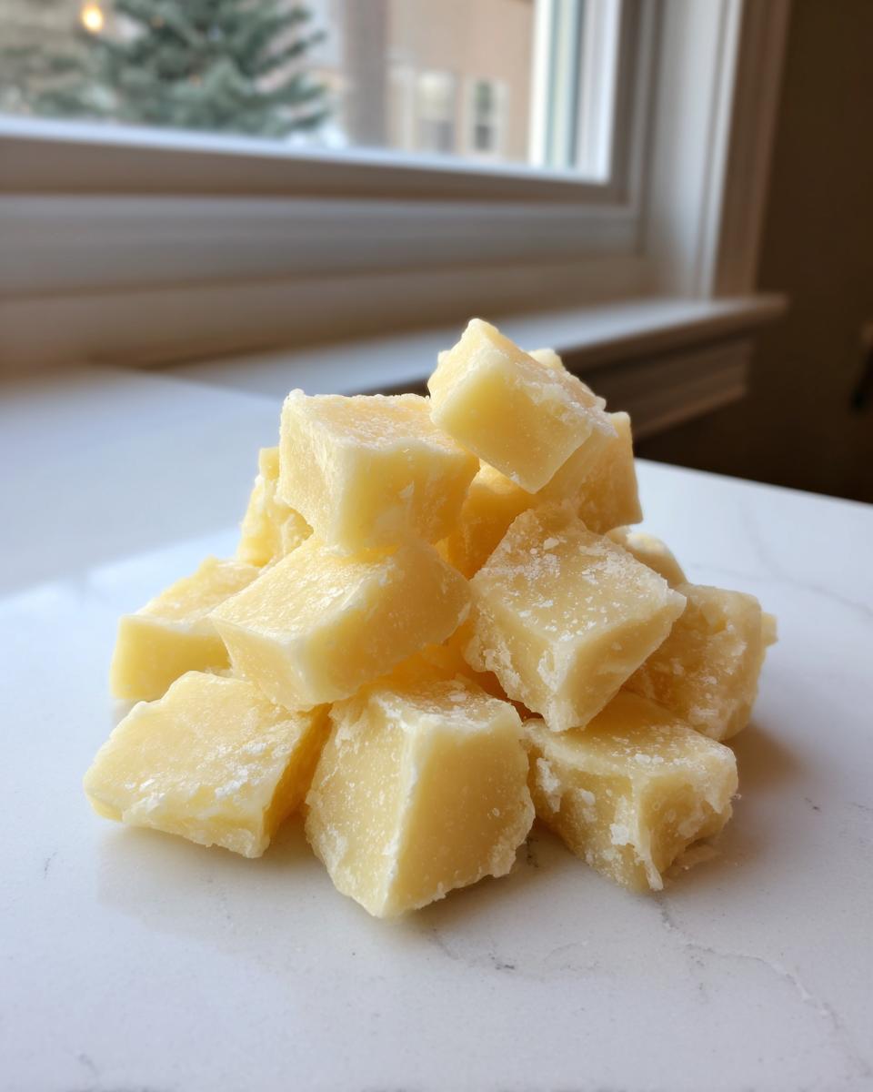A pile of pale yellow, cubed salted taffy recipe pieces dusted with sugar on a white surface.