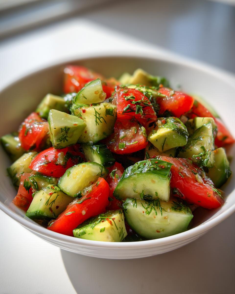 Close-up of fresh Cucumber tomato avocado salad chunks tossed with herbs in a white bowl.