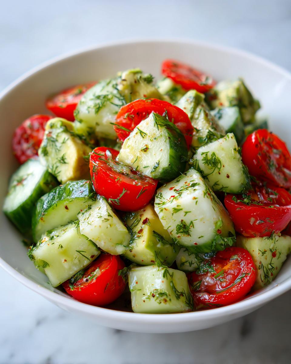 Close-up of a vibrant Cucumber tomato avocado salad featuring chunks of cucumber, halved cherry tomatoes, and avocado tossed with fresh dill.