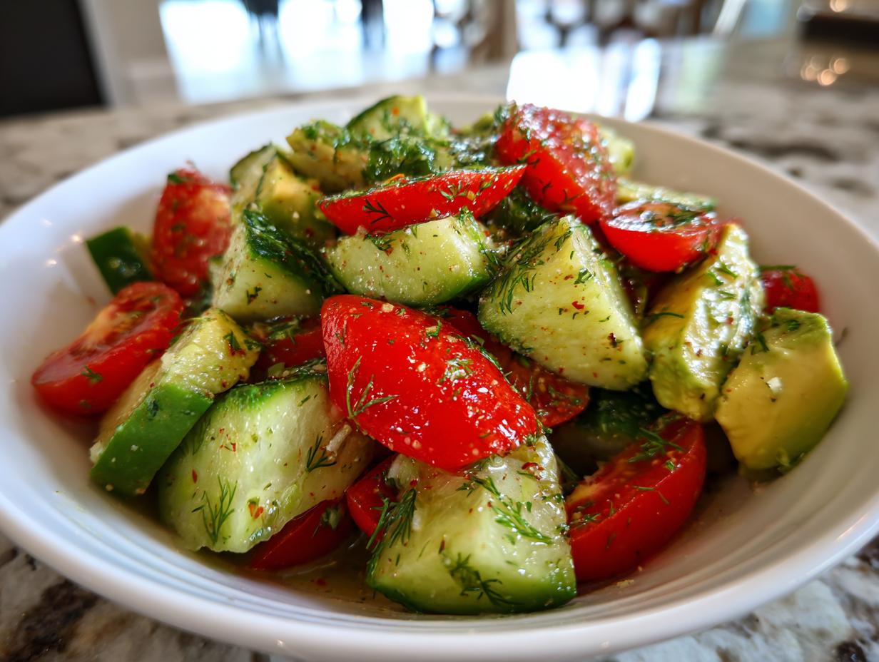 Close-up of fresh Cucumber tomato avocado salad chunks tossed with dill in a white bowl.