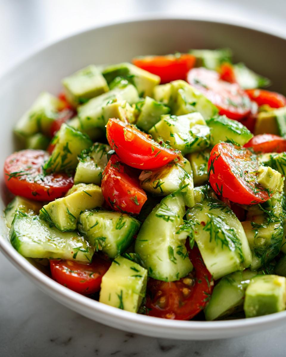 Close-up of a vibrant Cucumber Tomato Avocado Salad tossed with fresh dill in a white bowl.