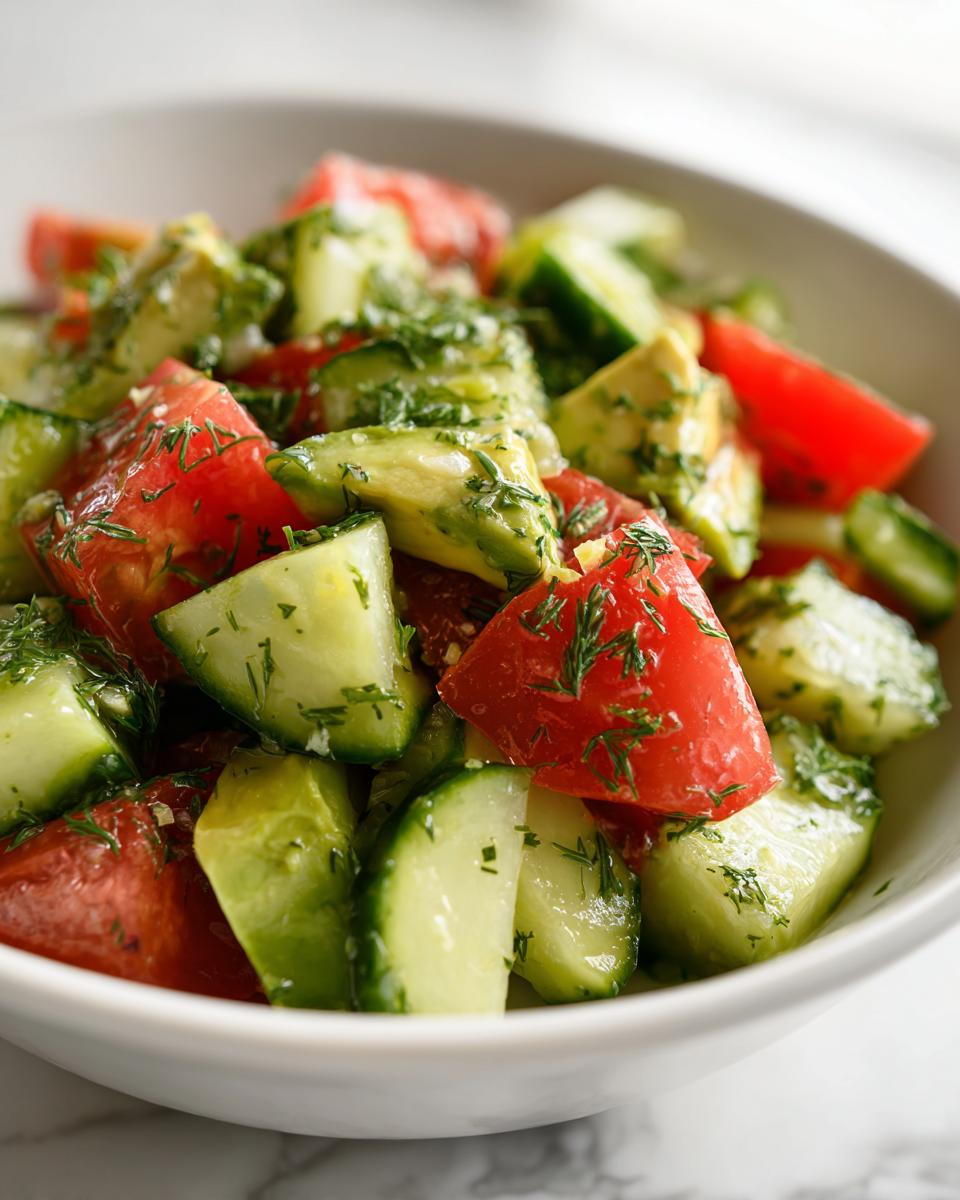 Close-up of chunky Cucumber Tomato Avocado Salad tossed with fresh dill in a white bowl.