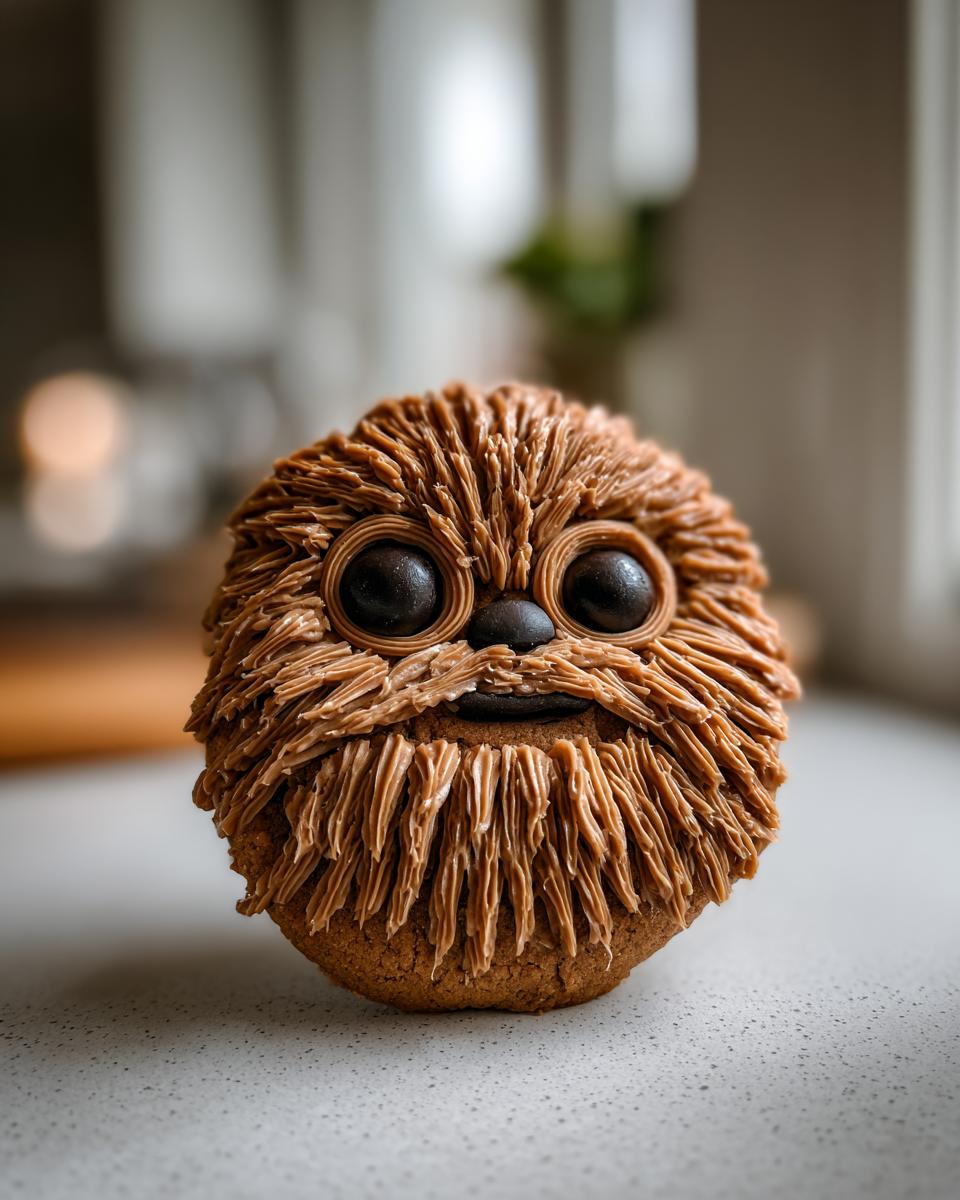 A decorated Ewok gingerbread cookie featuring piped brown frosting for fur, large dark eyes, and a small mouth.