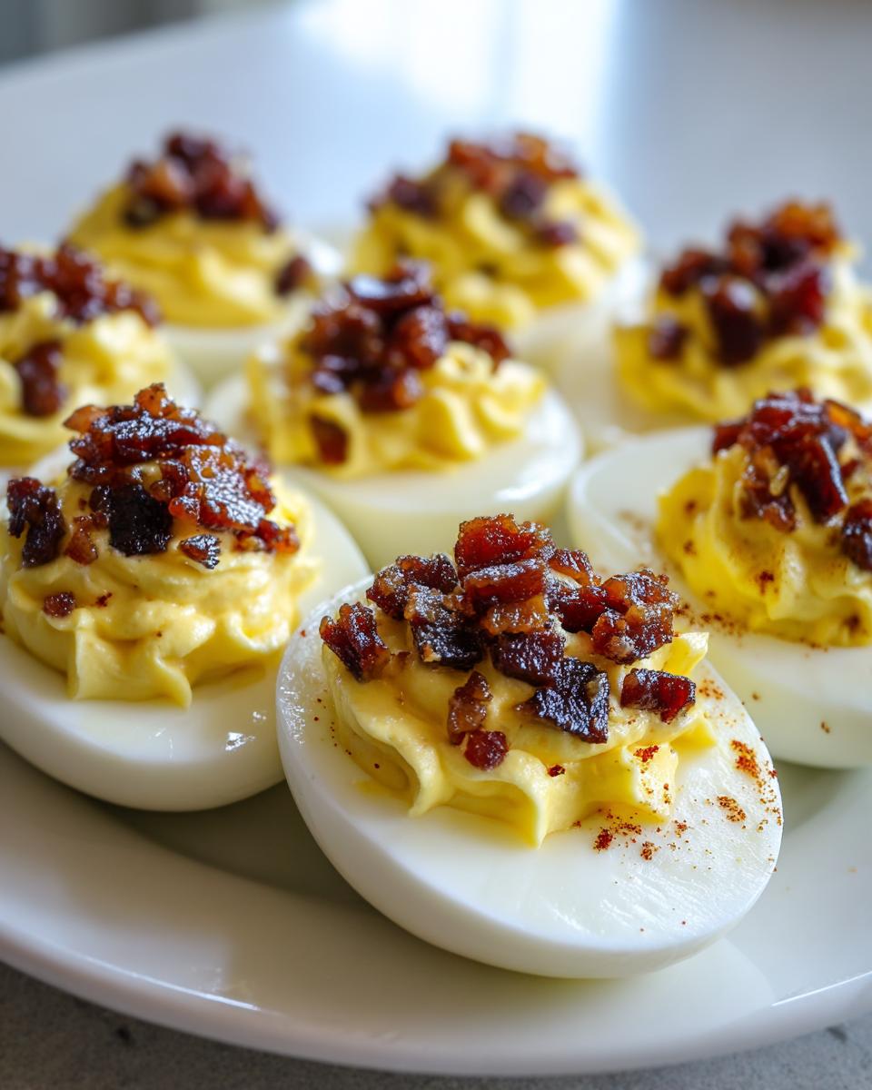 Close-up of several deviled eggs with creamy filling topped generously with candied bacon pieces.