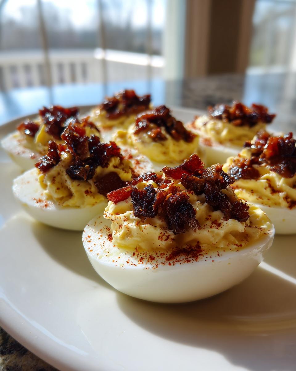 Close-up of several deviled eggs with creamy filling, topped generously with candied bacon pieces, sprinkled with paprika.